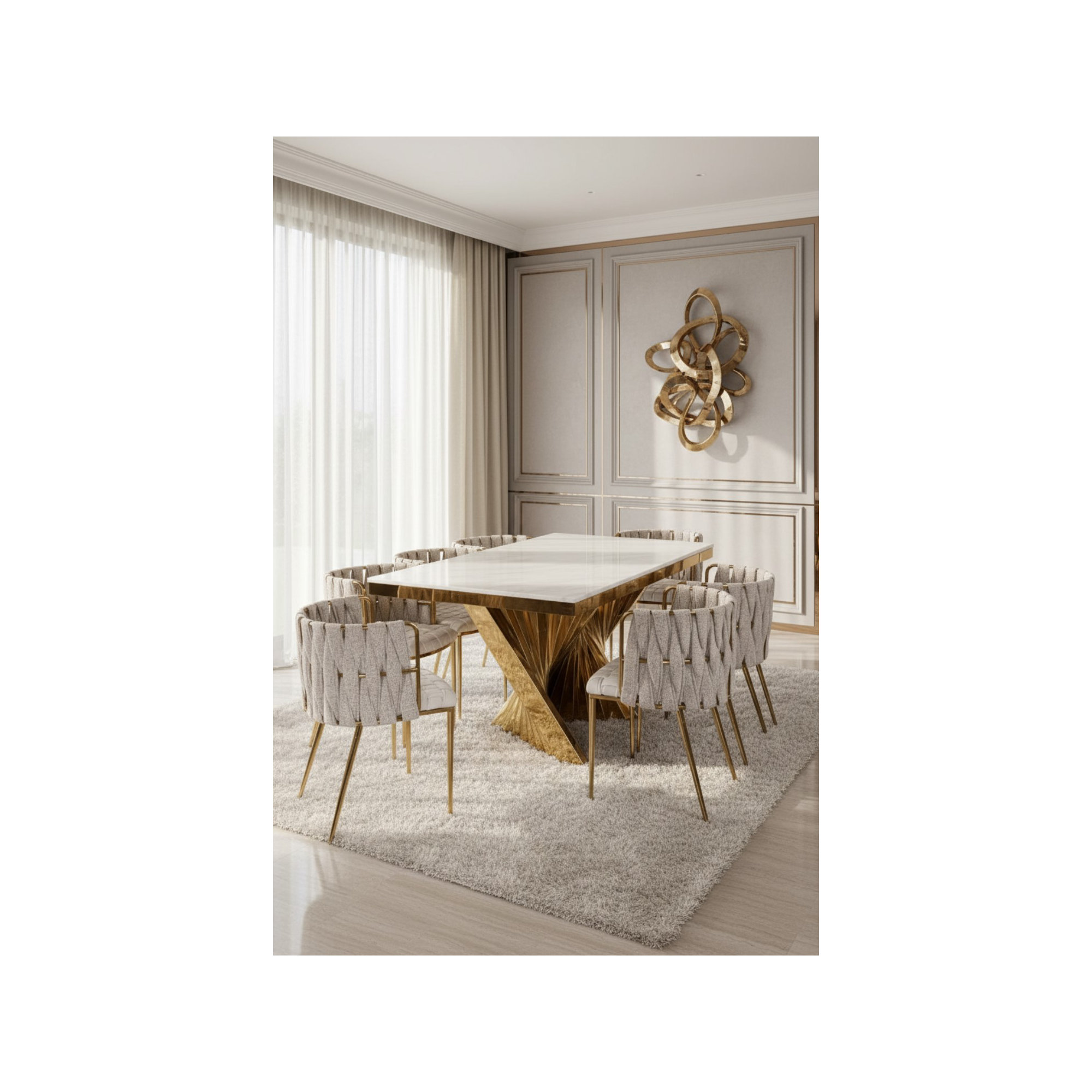 Tyrone Tufted Dining Arm Chair, Gold, Off White Faux Leather
