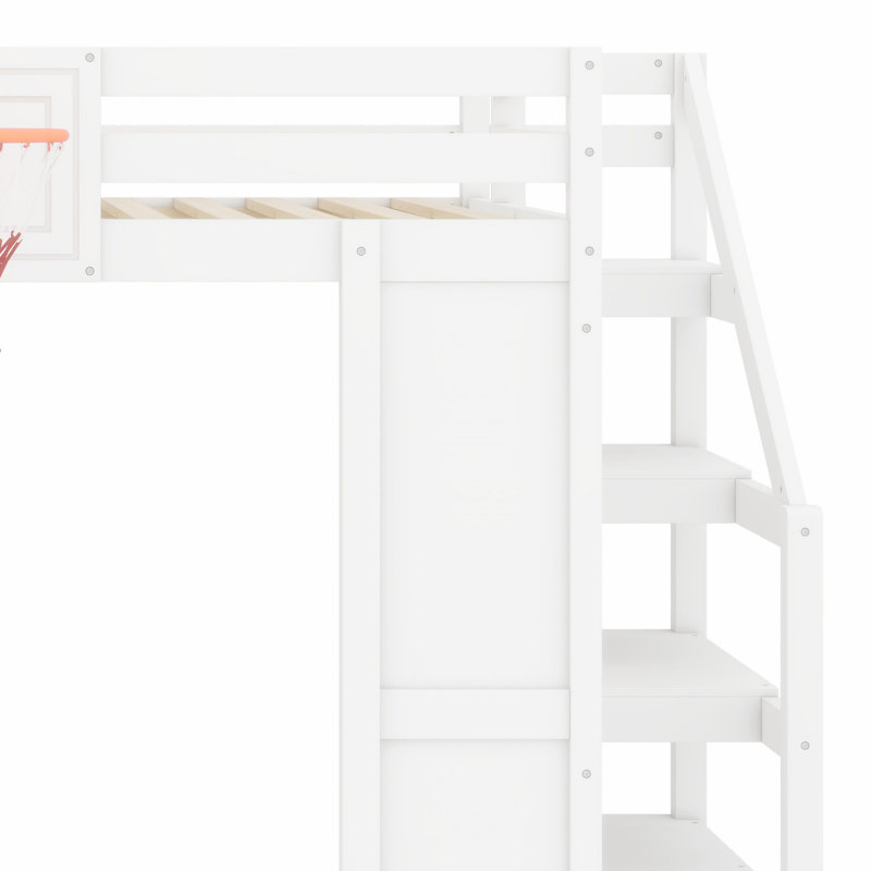 Structure de lit mezzanine en bois durable avec bureau intégré, glissoire et panier de basketball, Blanc
