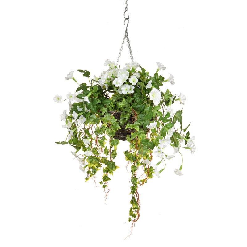 Faux Flowering Plant in Wood Basket, 70cm H x 40cm W x 40cm D, White