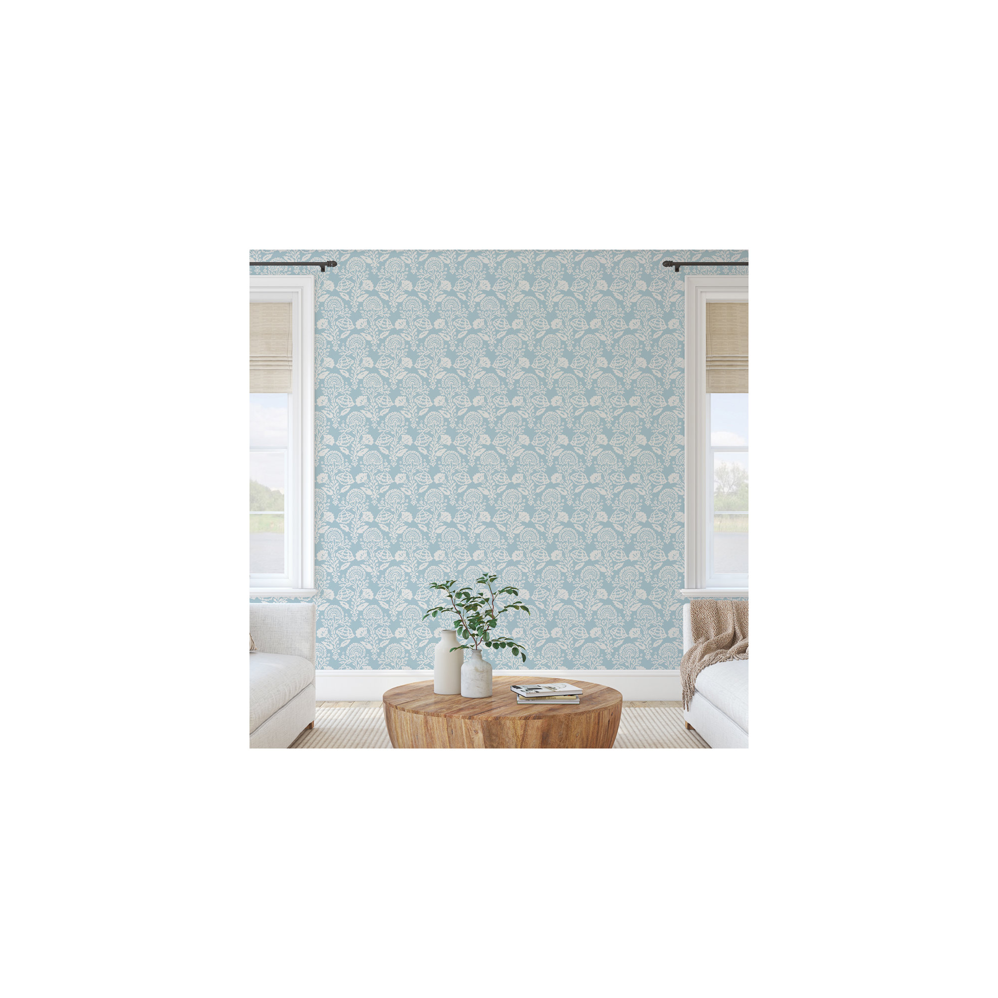 Floral Damask Peel and Stick Wallpaper, Blue