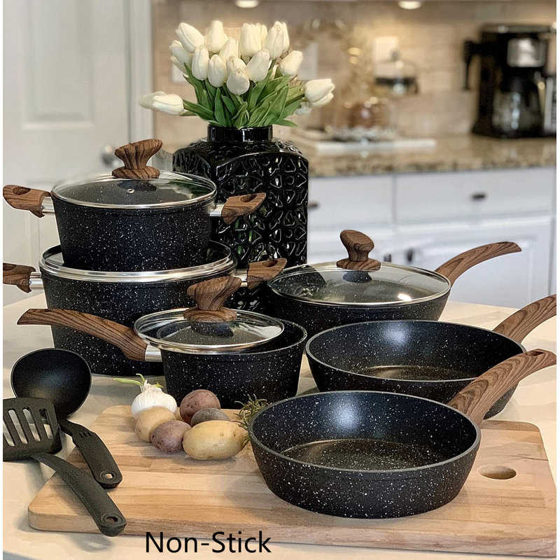 Granite Black 12-Piece Nonstick Induction Cookware Set with Wood Handles