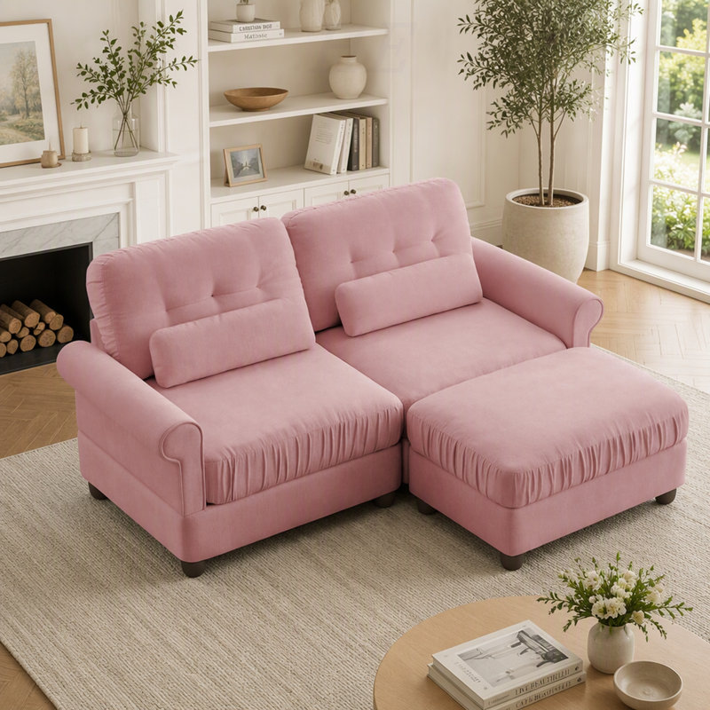 Canapé d'angle 2 places en chenille avec un pouf, coussin d'assise à bord froncé, accoudoirs arrondis et coussins lombaires, assise moelleuse idéale pour petit appartement ou salon, rose
