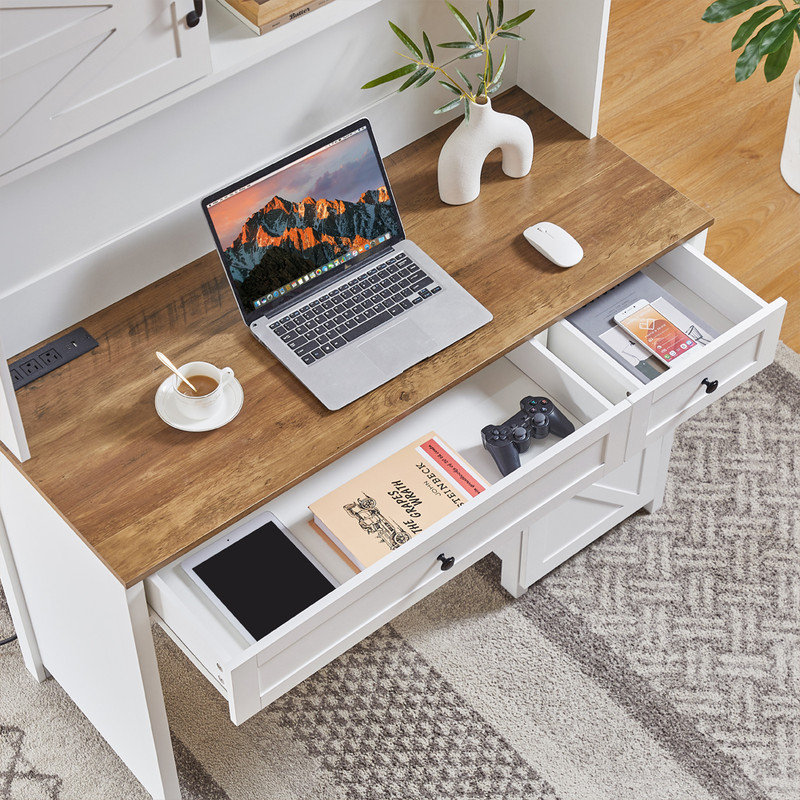 Multi-function 47" Farmhouse Executive Desk, Computer Desk with Charging Sockets, 2 Drawers, 3 Storage Cabinets and 2 Open Shelves