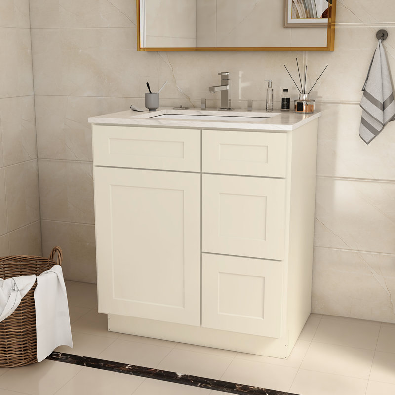 30 po L 34,5 po avec meuble-lavabo en contreplaqué gris - P 21 po avec porte à droite pour lavabo de salle de bain