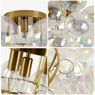 4-Light Gold Flush Mount Ceiling Light With A Cluster Of Iridescent Glass Globes