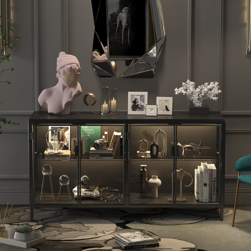 Modern Accent Cabinet With Tempered Glass Doors, Adjustable LED Lighting, And Ample Storage, Black