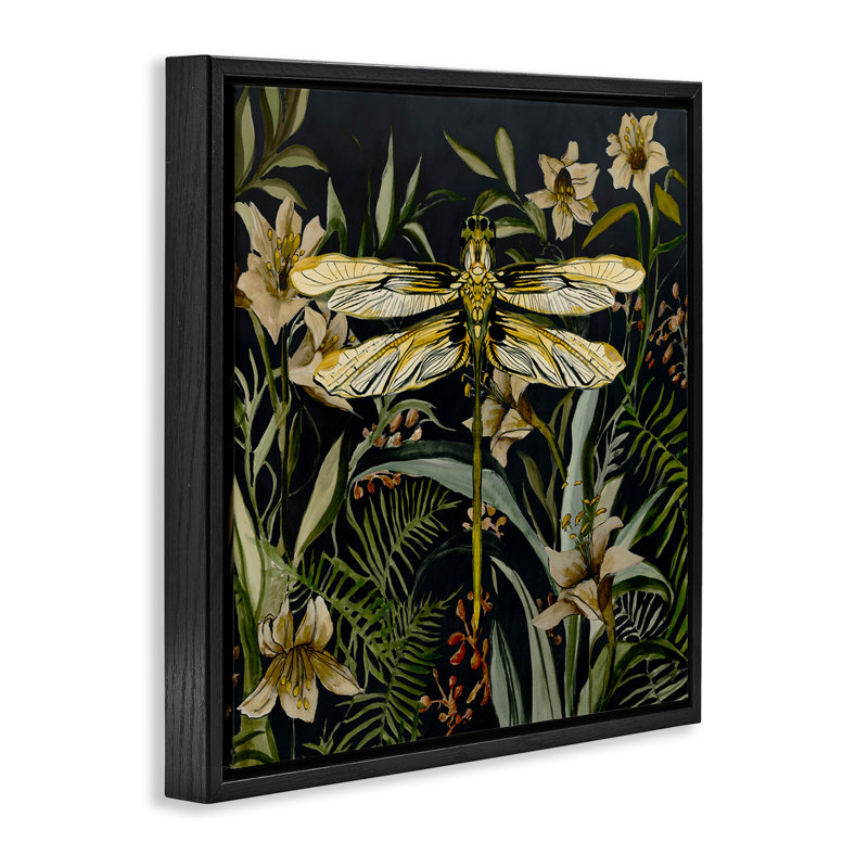 «Blooming Botanicals & Dragonfly», art mural encadré flottant par Jacob Q, H 18 po x l 18 po, Cadre flottant noir de jais