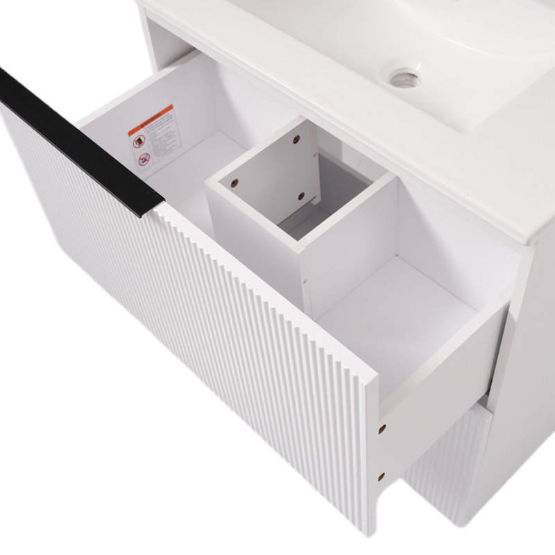 Meuble-lavabo de 30 po avec lavabo en céramique et tiroirs pleine extension, glissières de tiroir encastrées à fermeture en douceur, conception cannelée, blanc
