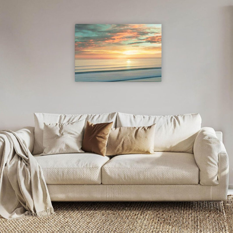 «Blue Beach Sunrise», reproduction d'art sur toile encadrée en bois à l'arrière, contemporain, décoration intérieure, œuvre d'art océan, 24 x 36 po