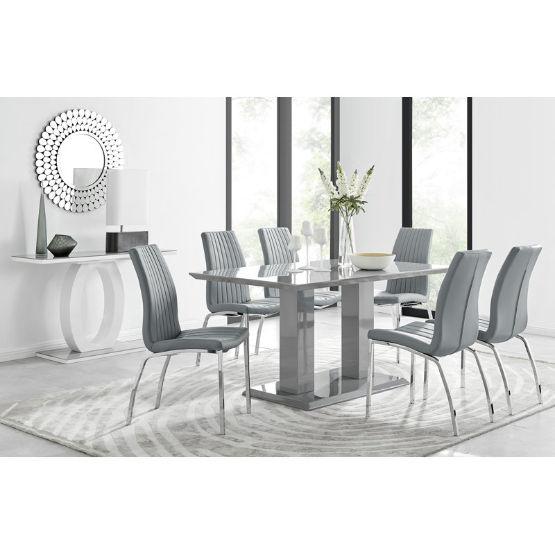 Edzard Double Pedestal High Gloss Dining Table Set with 6 Soft Touch Faux Leather Dining Chairs, Grey, Grey