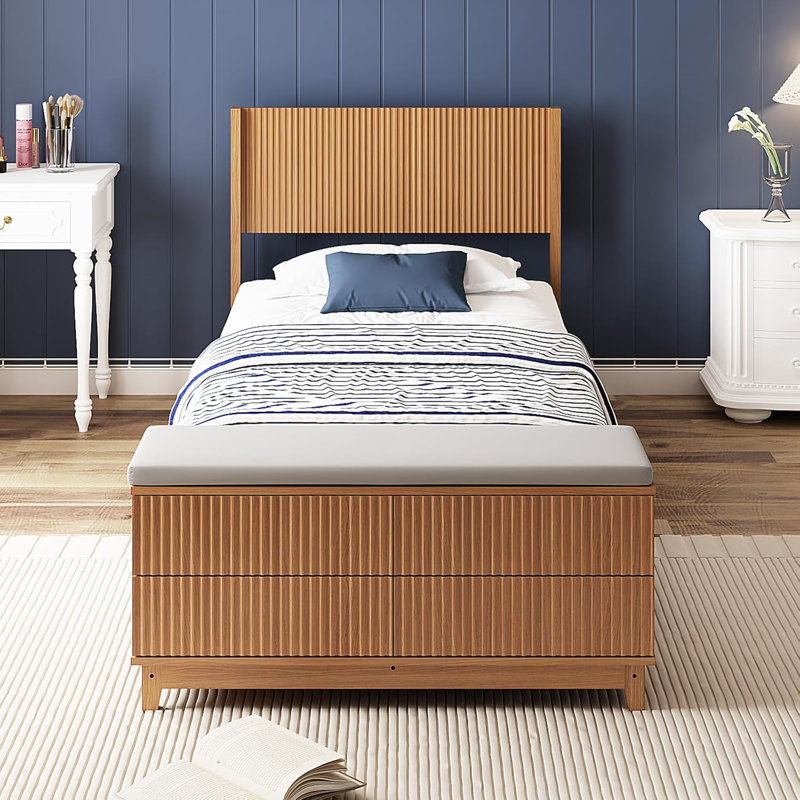 Twin Natural Oak Wood Bed Frame With Built-In Footboard Storage Bench,4 Drawers,Headboard,Heavy Duty,No Box Spring Needed,Mid-Century Modern Style