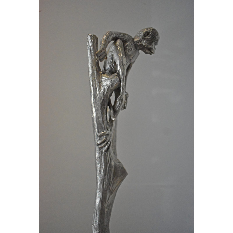 Monkey Resting On A Tree Silver Finish Bronze Statue - Size: 12" X 13" X 27"H., Black/Sliver