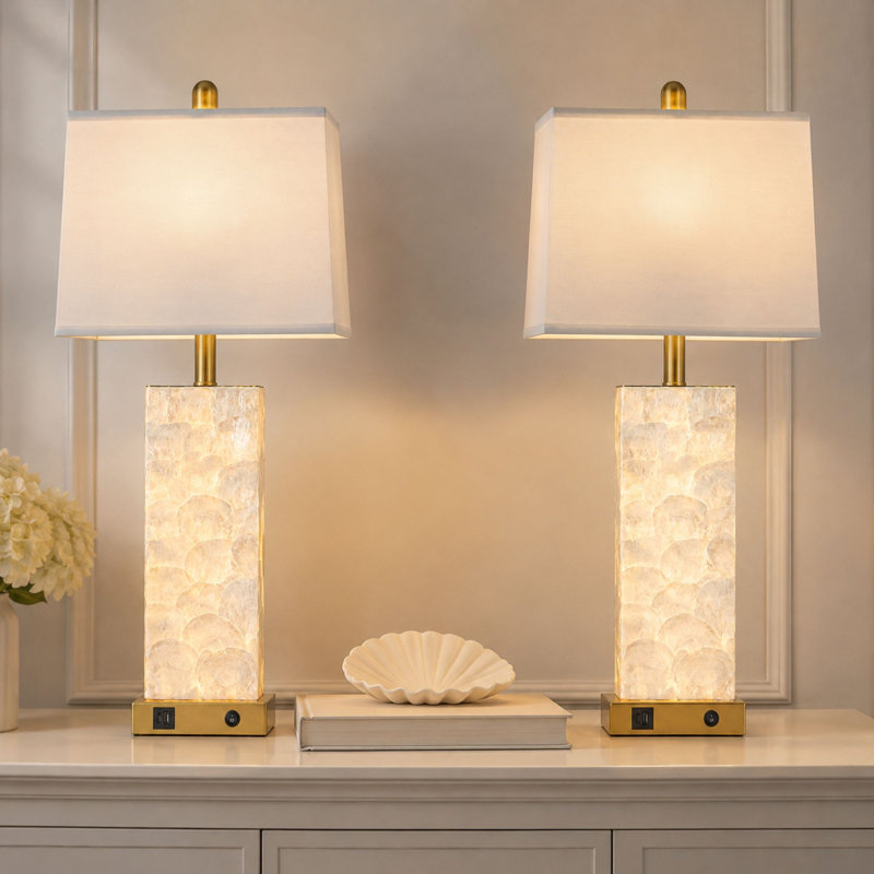 Élégante lampe de table 28 po inspirée de la coquille avec ports de charge USB, ampoules DEL et veilleuse, Doré