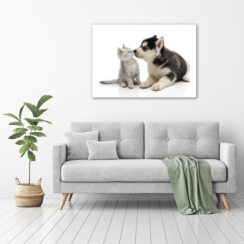 Glass Print Wall Art 100X70cm Image Printed On Glass Decorative Wall Picture Behind Toughened / Tempered Safety Real Glass For Kitchen & Living Room Theme:Dog And Cat