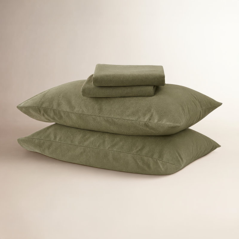 Ensemble de draps en flanelle de coton mélangé Raye, Simple, Olive chiné