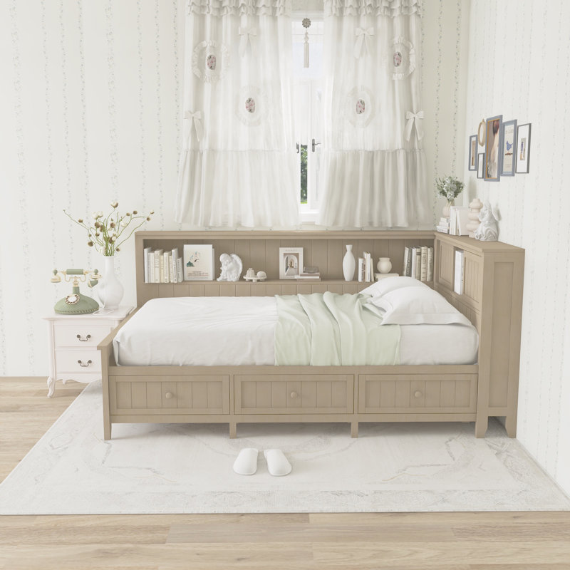 Lit de jour en bois avec tablettes de rangement, 3 tiroirs et 2 portes coulissantes, Lit simple