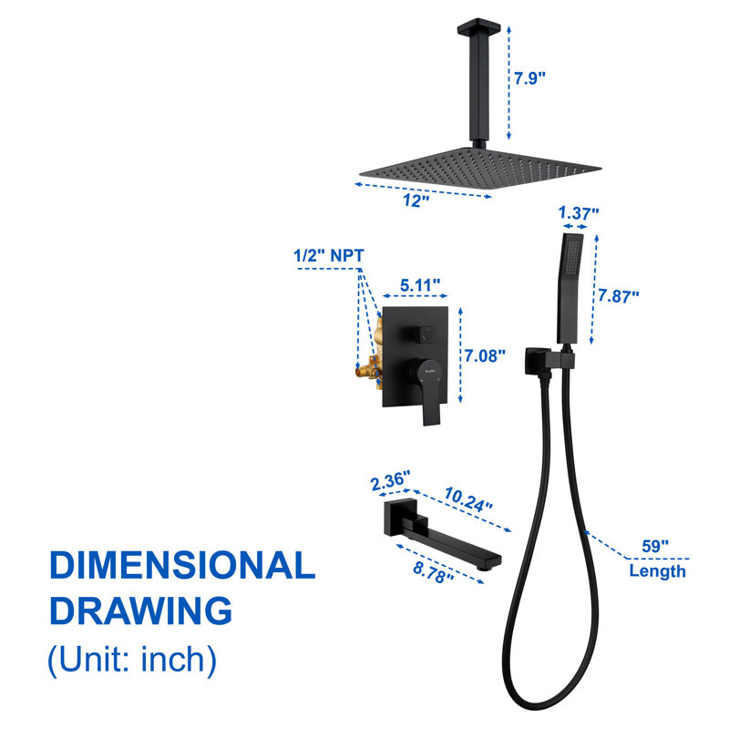 Ceiling Rain Shower System With Tub Spout 3 Function Shower Faucet Set Contain 12 Inch Shower Head And Handheld Shower Trim Kit Valve Cartridge Included