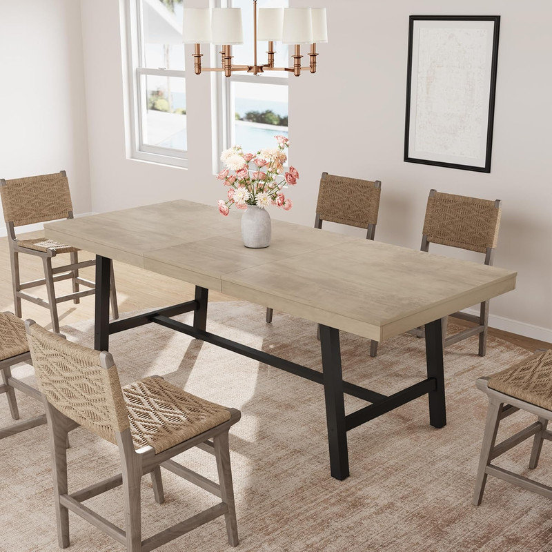 63-83" Extendable Industrial Dining Table for 6-8 People, Black Metal Frame, Rustic Wood Grain, Heavy-Duty Kitchen Table for Dining Room, Parties