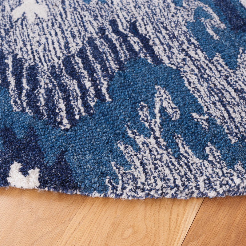 Ikat Hand Tufted Wool/Cotton Ikat Rug in Blue/Ivory, Round 6'