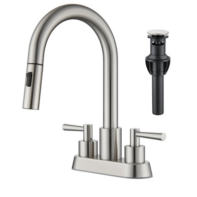 4 In. Centerset Double Handle High Arc Bathroom Sink Faucet With Pull Out Sprayer And Pop Up Drain