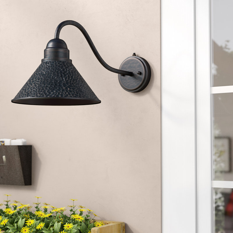 Witte 9.5 in. H 1-Light Aged Iron and Light Gold Dusk to Dawn Sensor Farmhouse Outdoor Wall Sconce, Gooseneck Metal Shade, Dark Sky Compliant for Exterior Porch Patio Front Door or Garage