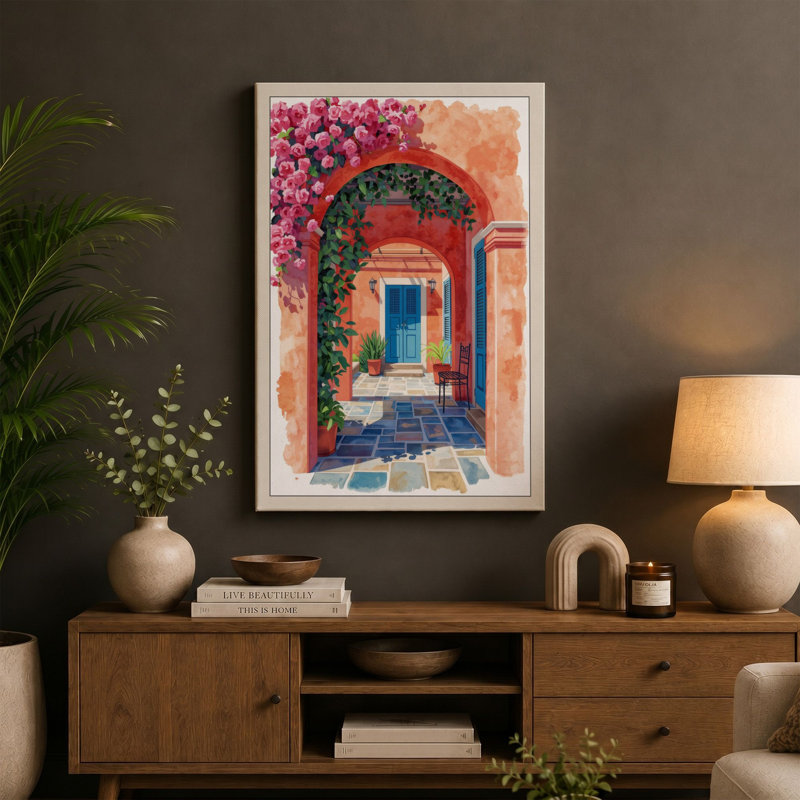 Mediterranean Courtyard Boho - Wrapped Canvas, 24x16 - 61.0 x 40.6 cm, Cream Border