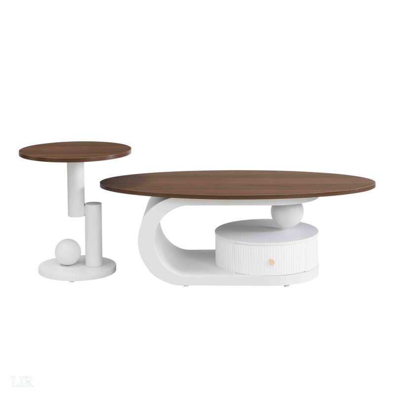 Ensemble de 2 tables basses gigognes, tables avec rangement pour le salon, ensemble de tables ovales et rondes, table de centre blanche, table basse, table d'appoint, grande taille de 47,24 po, petite de 19,69 po