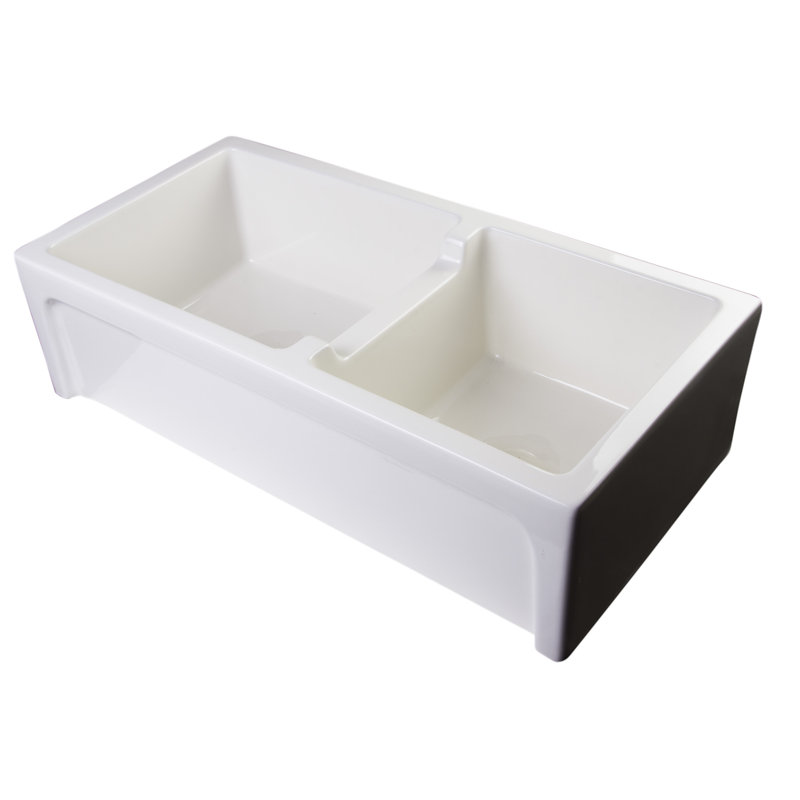 36'' L Double Bowl Fireclay Kitchen Sink, Biscuit