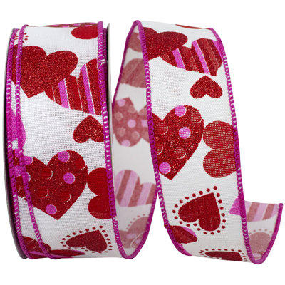 White/Red Hearts Tossed Colors Print Linen Wired Edge Ribbon