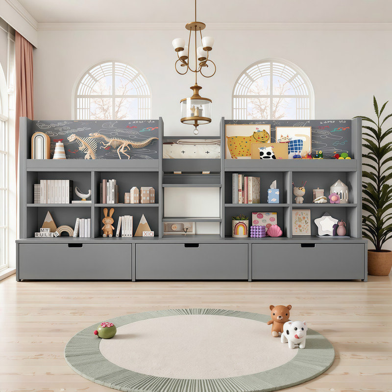Lit simple mezzanine pour lit simple avec tablettes de rangement et tableau noir, Très grand simple, Gris