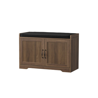 Mid-Century Modern Shoe Storage Bench with Cushioned Seating, 31.5" Fluted Double Door Entryway Bench for Hallway & Mudroom