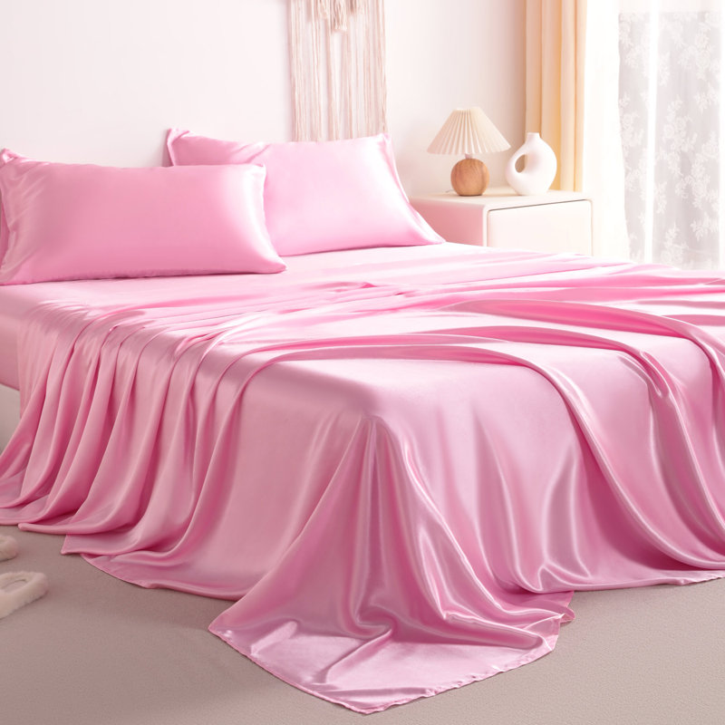 Ensemble de draps soyeux et soyeux, doux pour les cheveux et la peau, infroissable, infroissable, Rose
