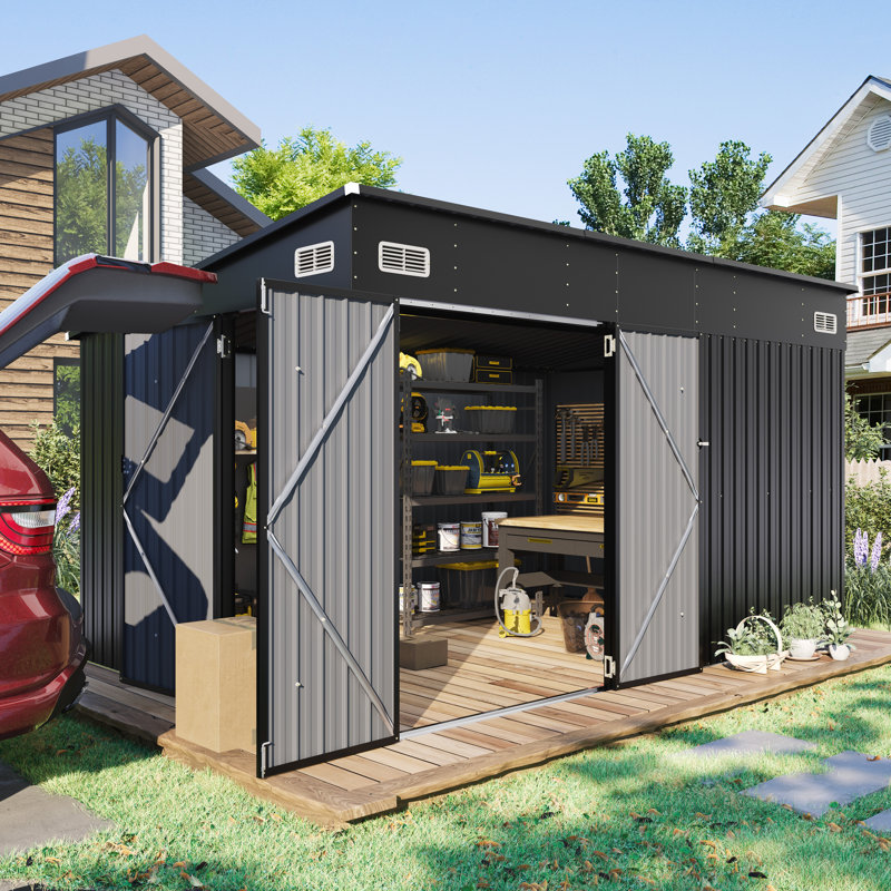 12. W X 8. D Metal Lean-to Storage Shed With Three Doors, 142.9" W X 87.6" D