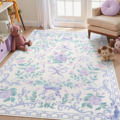Kaldi Floral Washable Area Rug Non-Slip Stain Resistant Low-Pile Boho Large Indoor Throw Carpet