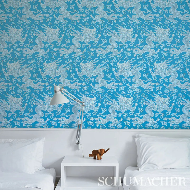 Ruan Dragon Damask Wallpaper, Blue