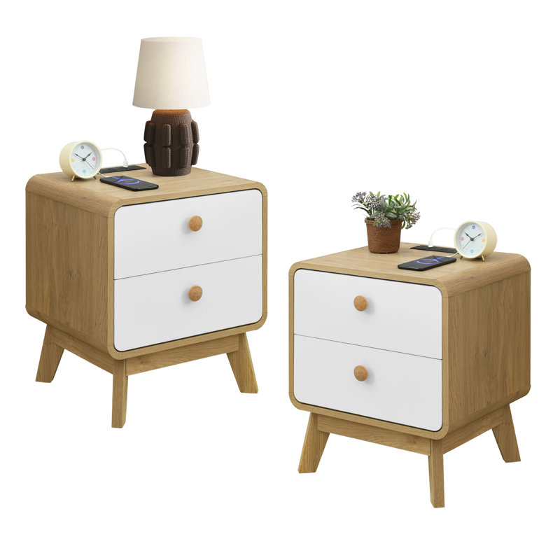 Hach Set Of 2 Wood Nightstands, 2 Drawer Bedside Tables With Storage, Night Stands For Bedroom, End Table Or Side Table For Living Room, 15.5" X 18.9" X 21.7", Oak/White