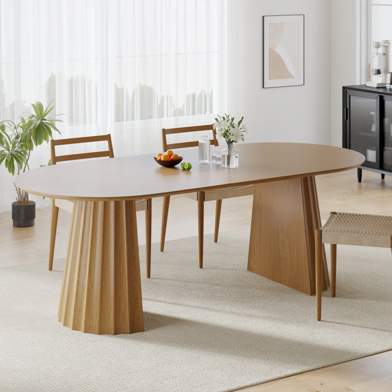 79" Oval Dining Table Duble Pedestal Dining Table Seats 6 Solid Wood Kitchen Table, Natural