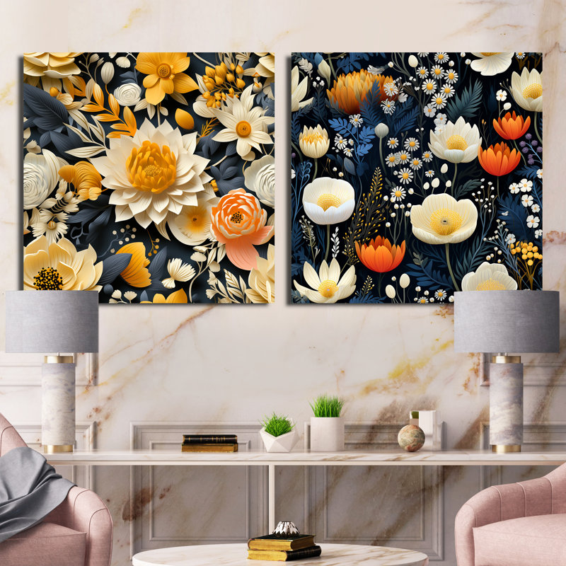 Palermo - Ensemble de 2 collages floraux carrés, H 16 po x l 33 po, Toile tendue