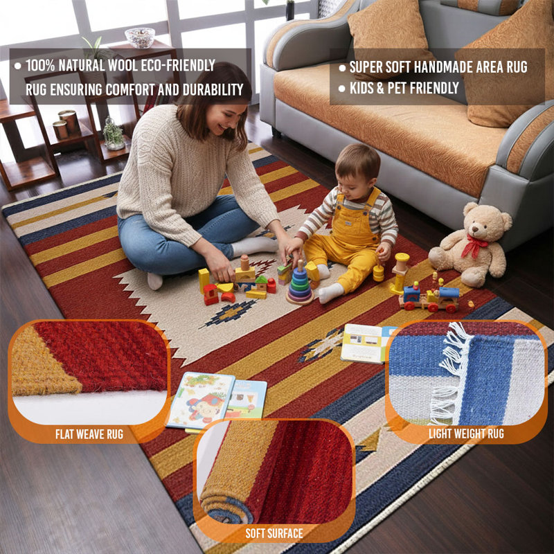 Manns Hand Woven Flat Weave Kilim Wool Eco-Friendly Area Rugs  - Rectangle,Multicolor, Contemporary Modern Design, Low Pile  Handmade Area Rugs for Living Room, Bed Room