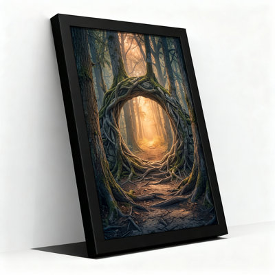 Mossy Circular Tree Root Archway in Golden Forest Path Canvas Wall Art