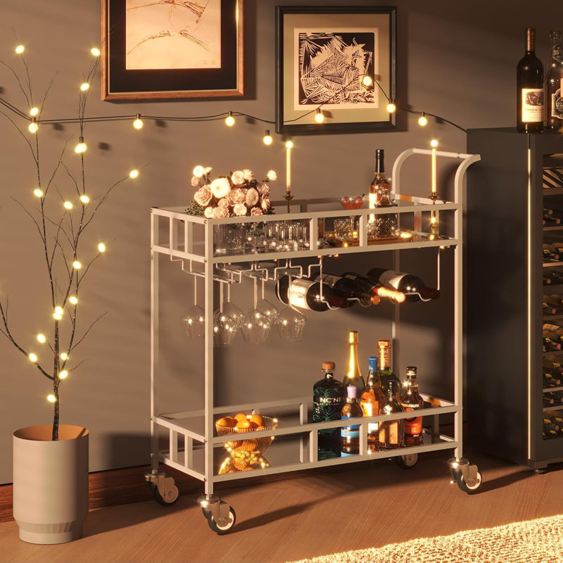 Chariot-bar à vin sur roulettes à 2 niveaux avec tablettes en miroir, Argent