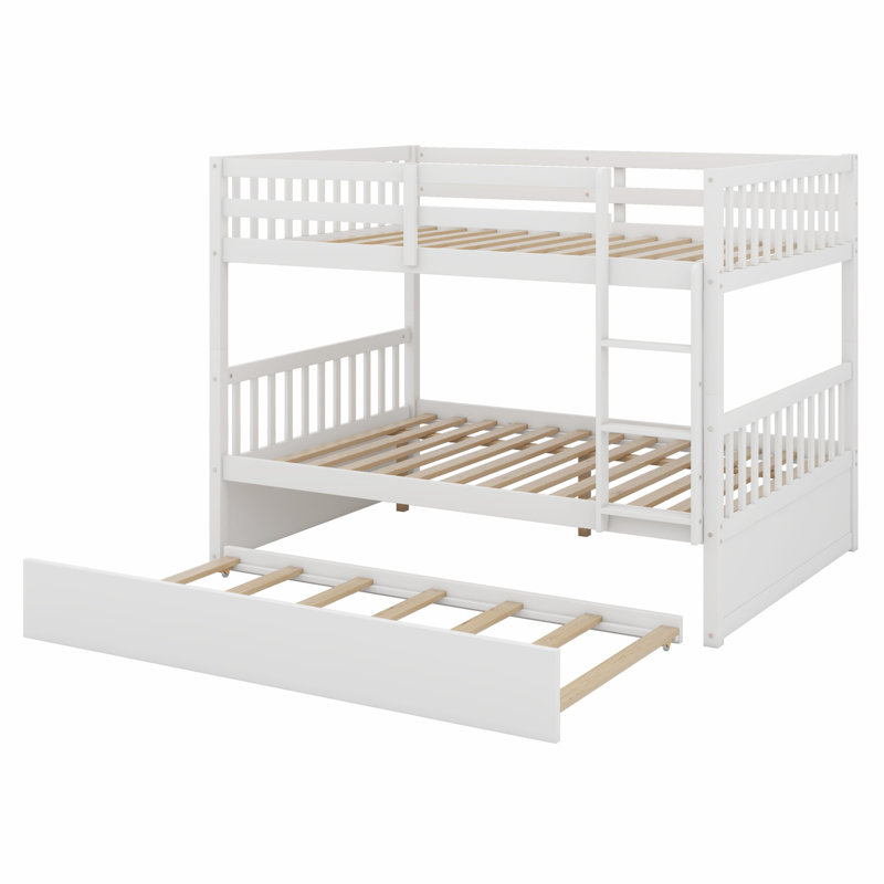 Lit superposé multifonctionnel en bois avec lit gigogne, échelle, garde-corps et conception convertible, Blanc