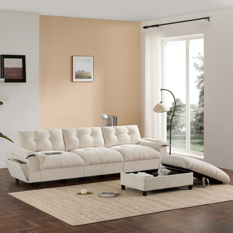 Malaquas L-Shape Chenille Sectional Sofa with Storage Ottoman & Charging Ports, Beige Chenille