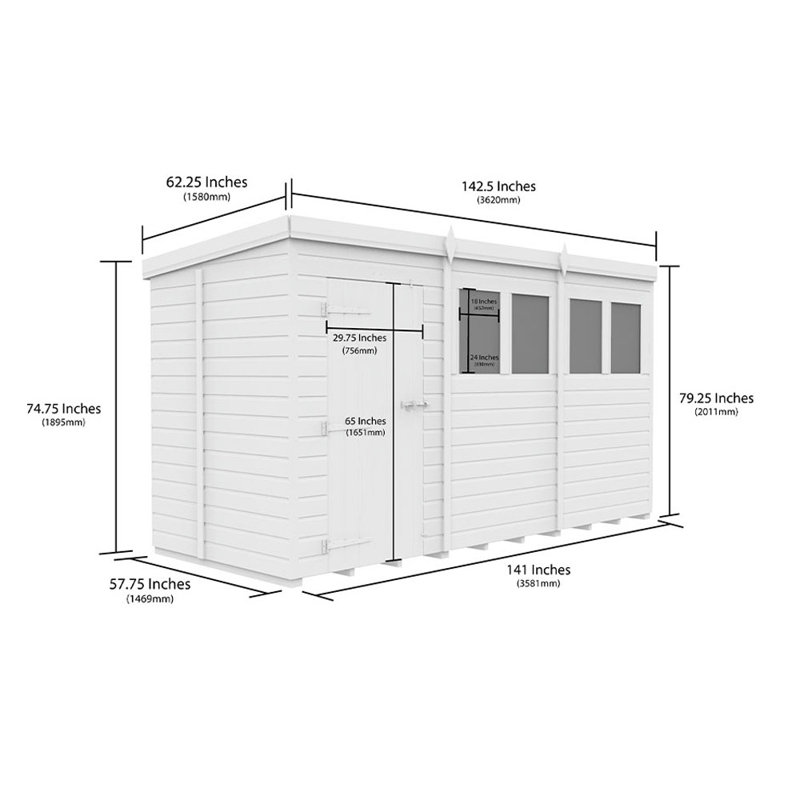 12ft x 5ft Pent Shed - Single Door with Windows