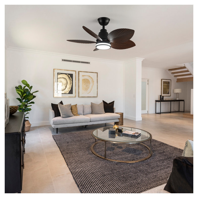 Ventilateur de plafond noir de 37 pouces avec lumière, 5 pales en ABS en forme de feuille, télécommande, moteur à courant continu réversible à 6 vitesses pour le salon et la chambre à coucher