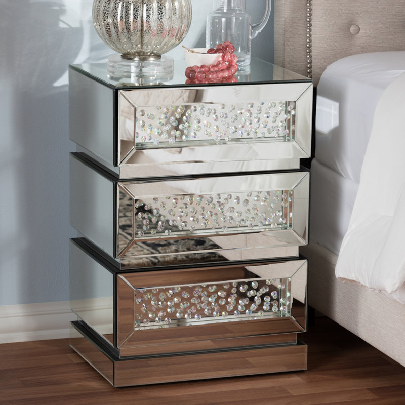 Table de chevet à miroir 3 tiroirs Krystale, style glamour, H 26,18 po x l 17,91 po x P 13,98 po