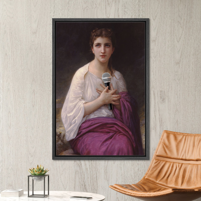 "Femme avec microphone chantant", H 36 po x l 24 po, Cadre flottant noir