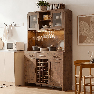 50in Wide 77in Tall Buffet Cabinet with Glass Doors, Wine Rack & Built-in Charging Station