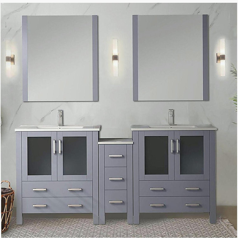 Meuble-lavabo double avec armoire latérale, comptoir en céramique blanche et miroir, 72"