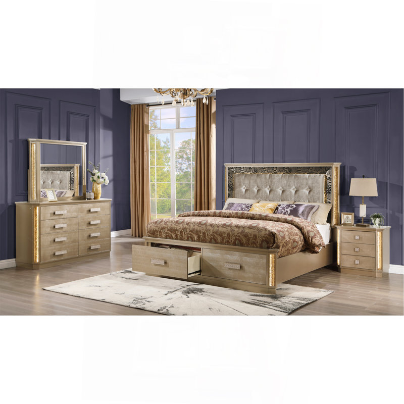 Ensemble de chambre avec grand lit 4 pièces en bois doré